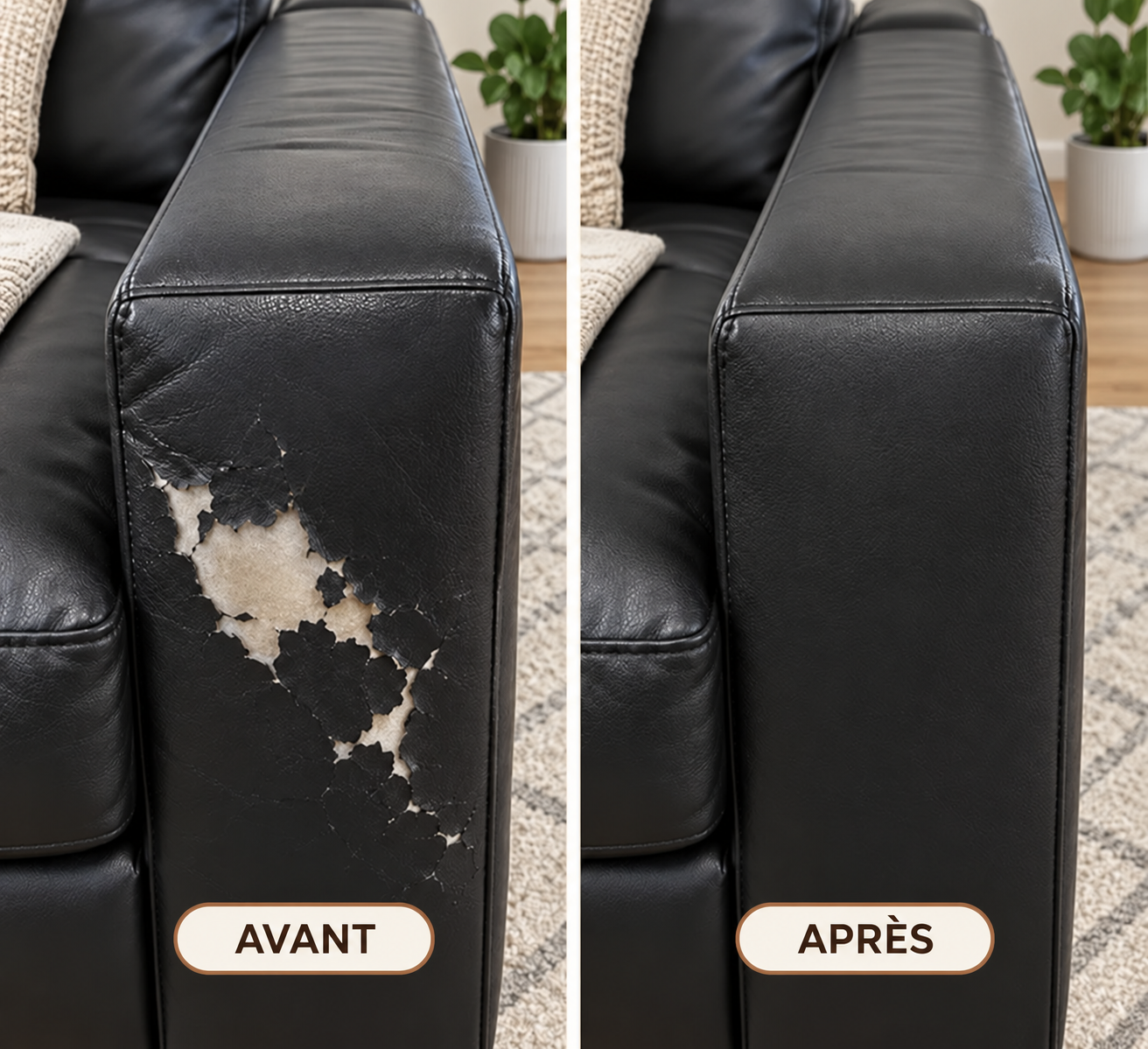 Avant et après partagé par un client : accoudoir noir usé puis recouvert.