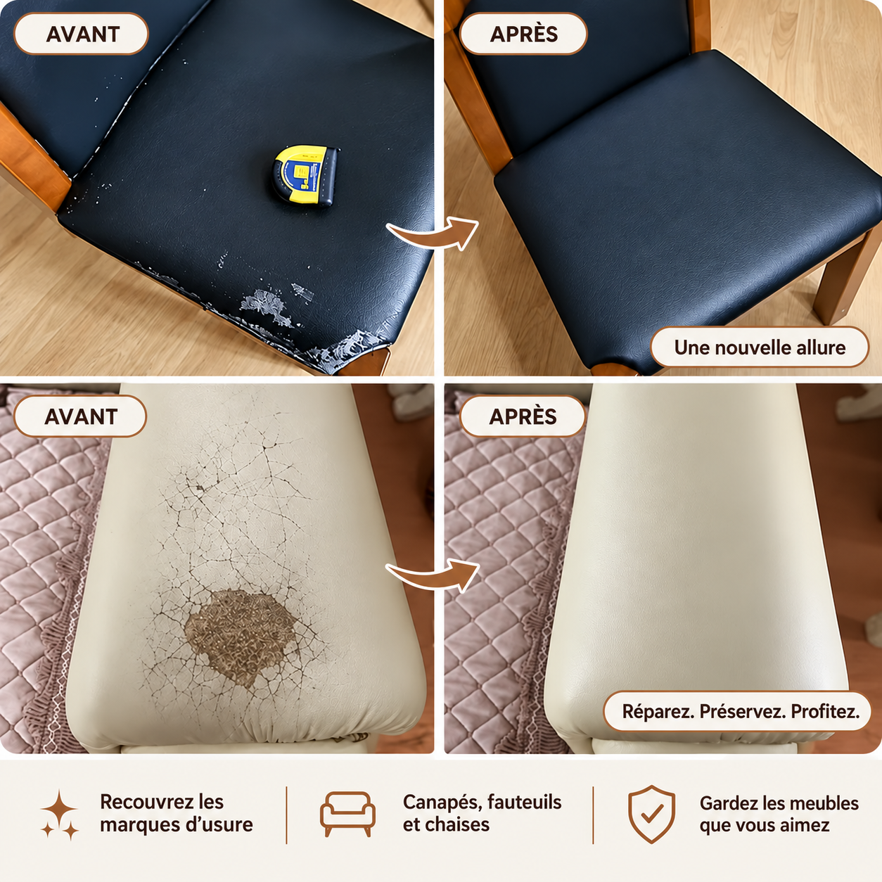 Comparaisons avant et après partagées par des clients : assise noire et assise claire recouvertes.